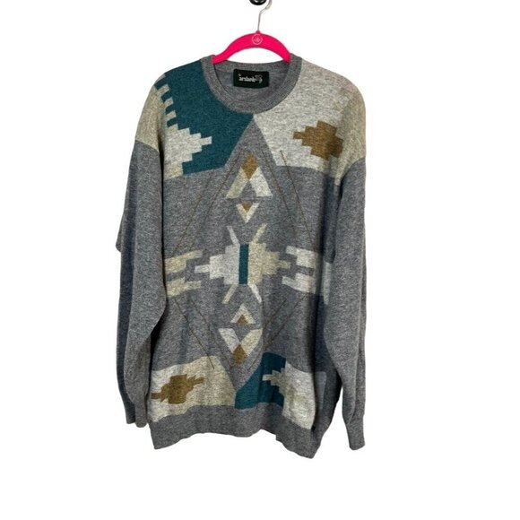 Arslanh Sweater Men L Gray Western Pullover Lambs Wool Aztec Boho Western 80s - Picture 1 of 12